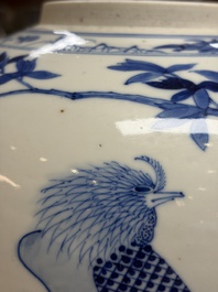 A Chinese blue and white 'Pheasants among Flowering Branches' jar and cover, 19th C.