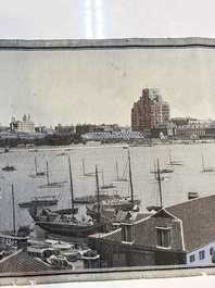 A Chinese woven silk panel depicting a view of The Bund and the Huangpu River, Shanghai Hangzhou Qiwen Silk Weaving Factory, 1950-1957