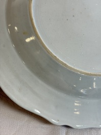 Eight Chinese famille rose plates with floral design and a 'Rooster' teapot, Yongzheng/Qianlong