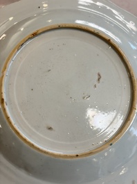 Eight Chinese famille rose plates with floral design and a 'Rooster' teapot, Yongzheng/Qianlong