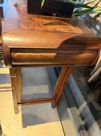 A Chinese burlwood-topped hardwood console table, 19th C.
