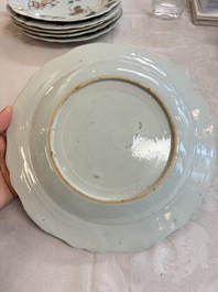 Eight Chinese famille rose plates with floral design and a 'Rooster' teapot, Yongzheng/Qianlong