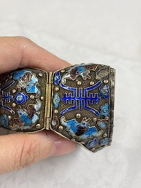 A Chinese jade-inset enamelled silver 'Butterfly' bracelet, 20th C.