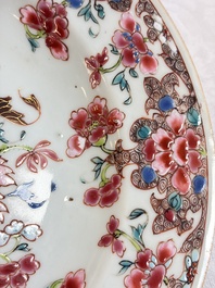 Eight Chinese famille rose plates with floral design and a 'Rooster' teapot, Yongzheng/Qianlong
