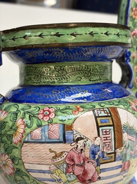 A Chinese Canton enamel green-ground three-piece altar set, 19th C.