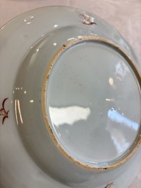 Eight Chinese famille rose plates with floral design and a 'Rooster' teapot, Yongzheng/Qianlong