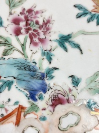 Eight Chinese famille rose plates with floral design and a 'Rooster' teapot, Yongzheng/Qianlong