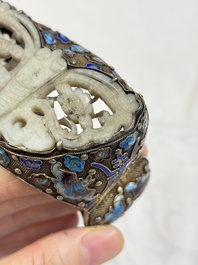 A Chinese jade-inset enamelled silver 'Butterfly' bracelet, 20th C.