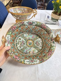 A Chinese Canton famille rose reticulated basket on stand and a gilt-bronze-mounted bowl, 19th C.