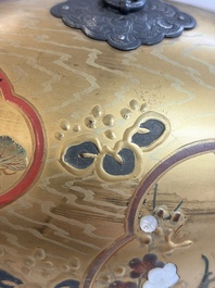 A Japanese Shibayama lacquer taiko drum-shaped casket on its original stand, Taisho, 19/20th C.