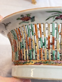 A Chinese Canton famille rose reticulated basket on stand and a gilt-bronze-mounted bowl, 19th C.