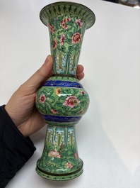 A Chinese Canton enamel green-ground three-piece altar set, 19th C.