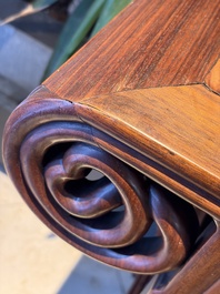 A Chinese burlwood-topped hardwood console table, 19th C.