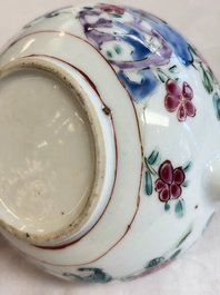 Eight Chinese famille rose plates with floral design and a 'Rooster' teapot, Yongzheng/Qianlong