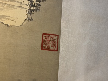 Chinese school: 'Peony' and 'Snowscape', ink and colour on paper and silk, signed Shao Chongwei 卲重威 and Xia Gui 夏珪, 20th C.