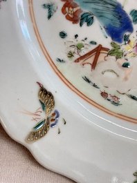 Eight Chinese famille rose plates with floral design and a 'Rooster' teapot, Yongzheng/Qianlong