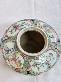 A Chinese Canton famille rose covered bottle vase and a teapot, 19th C.