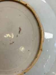 Eight Chinese famille rose plates with floral design and a 'Rooster' teapot, Yongzheng/Qianlong