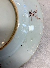 Eight Chinese famille rose plates with floral design and a 'Rooster' teapot, Yongzheng/Qianlong
