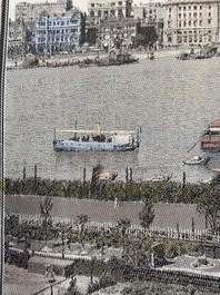 A Chinese woven silk panel depicting a view of The Bund and the Huangpu River, Shanghai Hangzhou Qiwen Silk Weaving Factory, 1950-1957