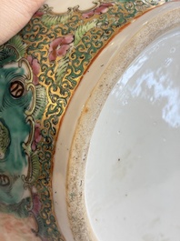 A Chinese Canton famille rose covered bottle vase and a teapot, 19th C.