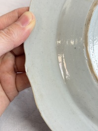Eight Chinese famille rose plates with floral design and a 'Rooster' teapot, Yongzheng/Qianlong