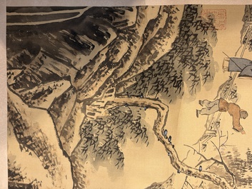 Chinese school: 'Peony' and 'Snowscape', ink and colour on paper and silk, signed Shao Chongwei 卲重威 and Xia Gui 夏珪, 20th C.