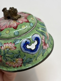 A Chinese Canton enamel green-ground three-piece altar set, 19th C.