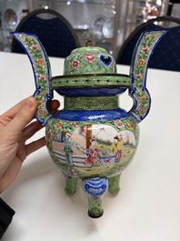 A Chinese Canton enamel green-ground three-piece altar set, 19th C.