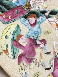 A Chinese Nanking famille rose 'Romance of the Three Kingdoms' dish, Chenghua mark, 19th C.