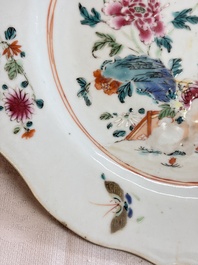 Eight Chinese famille rose plates with floral design and a 'Rooster' teapot, Yongzheng/Qianlong