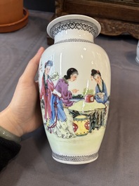 Four Chinese famille rose 'Elegant Beauties' vases, Qianlong marks, 20th C.