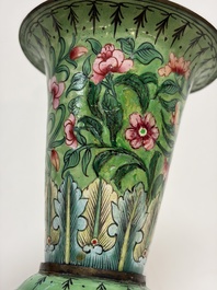 A Chinese Canton enamel green-ground three-piece altar set, 19th C.