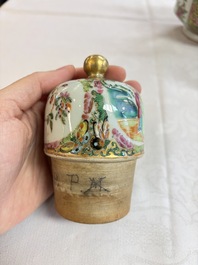 A Chinese Canton famille rose covered bottle vase and a teapot, 19th C.