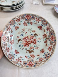 Eight Chinese famille rose plates with floral design and a 'Rooster' teapot, Yongzheng/Qianlong