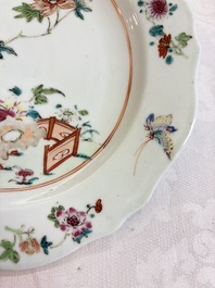 Eight Chinese famille rose plates with floral design and a 'Rooster' teapot, Yongzheng/Qianlong