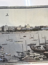 A Chinese woven silk panel depicting a view of The Bund and the Huangpu River, Shanghai Hangzhou Qiwen Silk Weaving Factory, 1950-1957