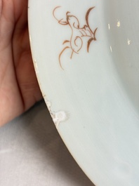 Eight Chinese famille rose plates with floral design and a 'Rooster' teapot, Yongzheng/Qianlong