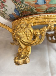 A Chinese Canton famille rose reticulated basket on stand and a gilt-bronze-mounted bowl, 19th C.