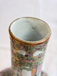 A Chinese Canton famille rose covered bottle vase and a teapot, 19th C.