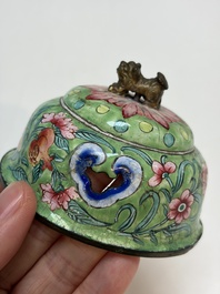 A Chinese Canton enamel green-ground three-piece altar set, 19th C.