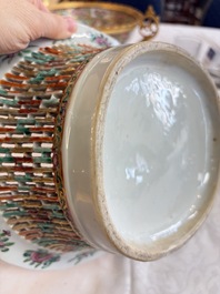 A Chinese Canton famille rose reticulated basket on stand and a gilt-bronze-mounted bowl, 19th C.