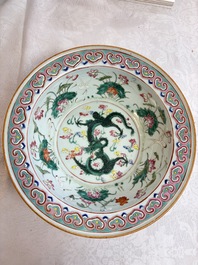 A large Chinese famille rose 'Dragon' basin and a basin with floral design, 19th C.