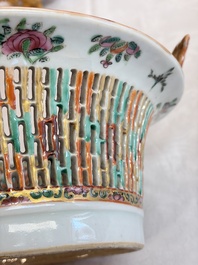 A Chinese Canton famille rose reticulated basket on stand and a gilt-bronze-mounted bowl, 19th C.