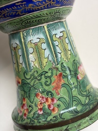 A Chinese Canton enamel green-ground three-piece altar set, 19th C.