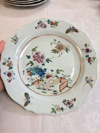 Eight Chinese famille rose plates with floral design and a 'Rooster' teapot, Yongzheng/Qianlong