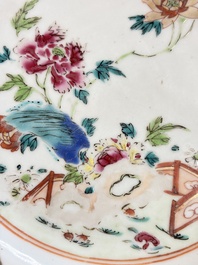 Eight Chinese famille rose plates with floral design and a 'Rooster' teapot, Yongzheng/Qianlong