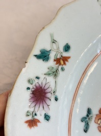 Eight Chinese famille rose plates with floral design and a 'Rooster' teapot, Yongzheng/Qianlong