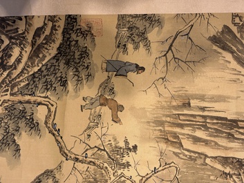 Chinese school: 'Peony' and 'Snowscape', ink and colour on paper and silk, signed Shao Chongwei 卲重威 and Xia Gui 夏珪, 20th C.