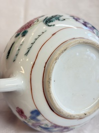 Eight Chinese famille rose plates with floral design and a 'Rooster' teapot, Yongzheng/Qianlong
